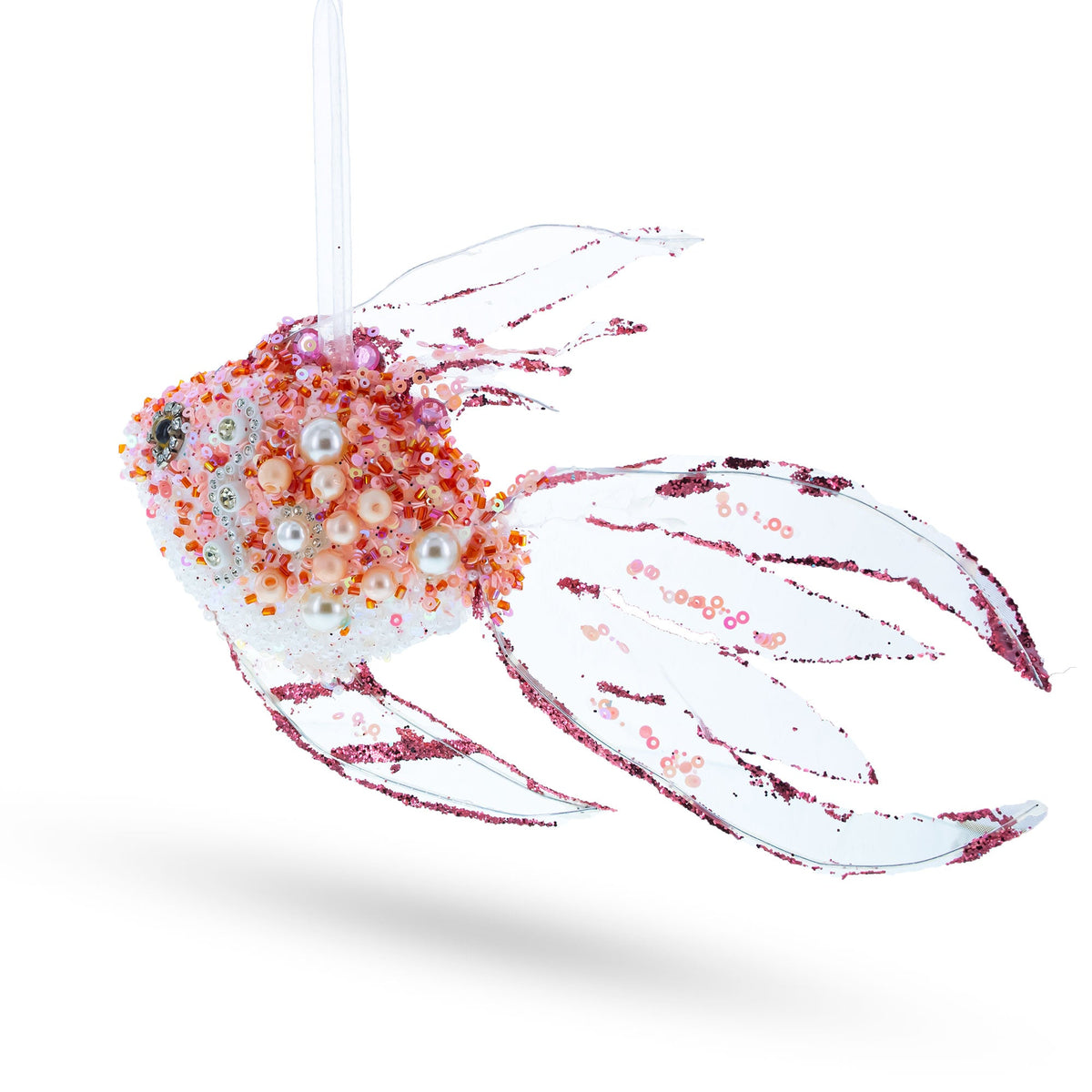 Orange-and-white fish glass ornament with glittery beads, pearls, and hanging loop