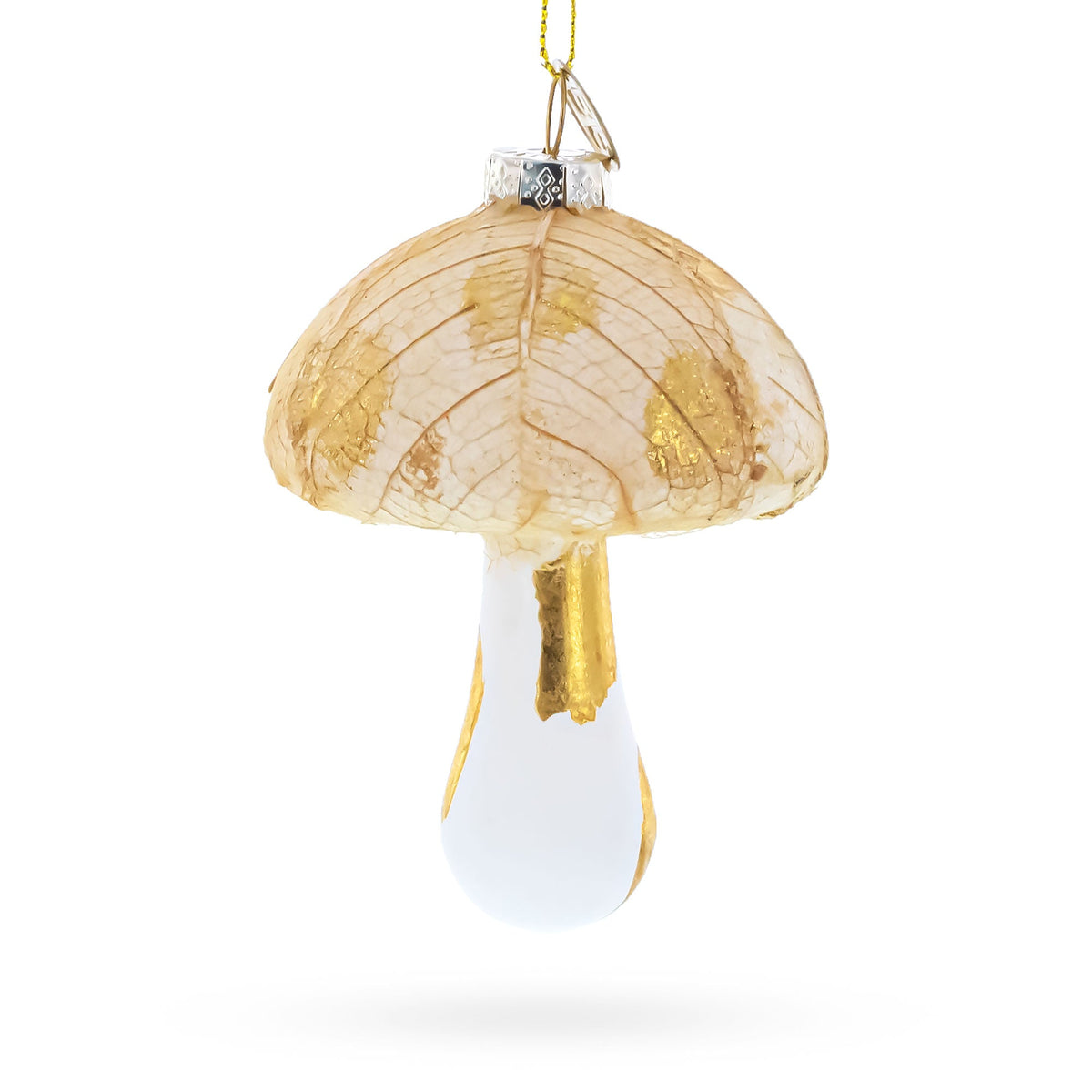 Gold mushroom glass Christmas ornament with glitter top, white stem, hanging loop