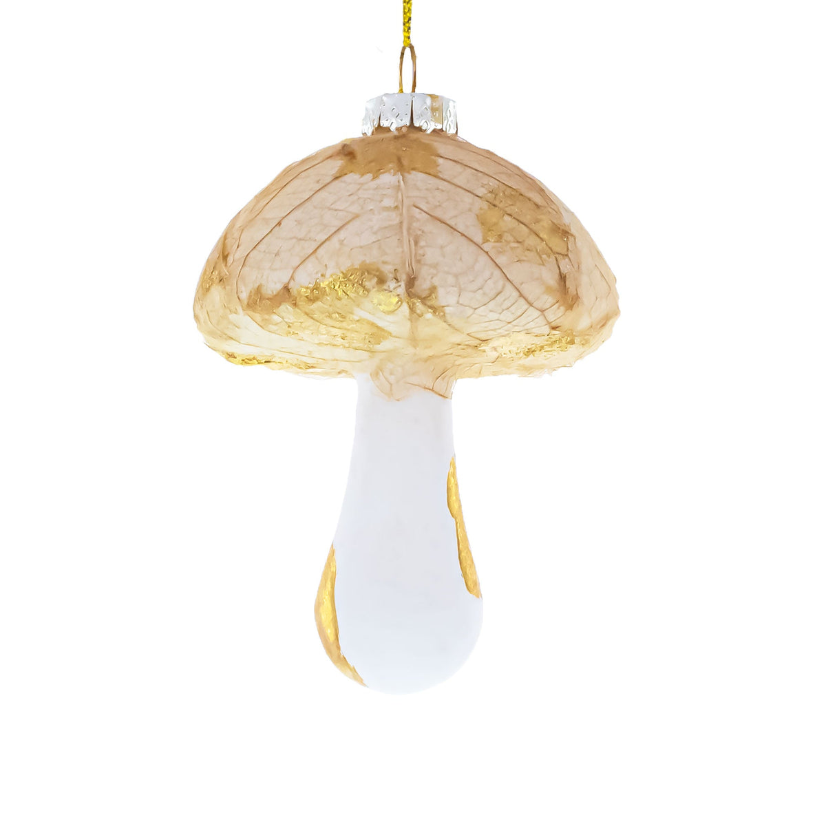 Gold glitter mushroom glass Christmas ornament with white bulb cap and hanging loop
