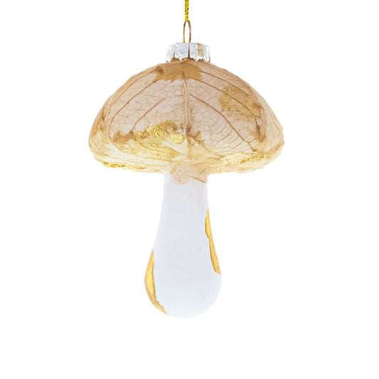 Gold glitter mushroom glass Christmas ornament with white bulb cap and hanging loop