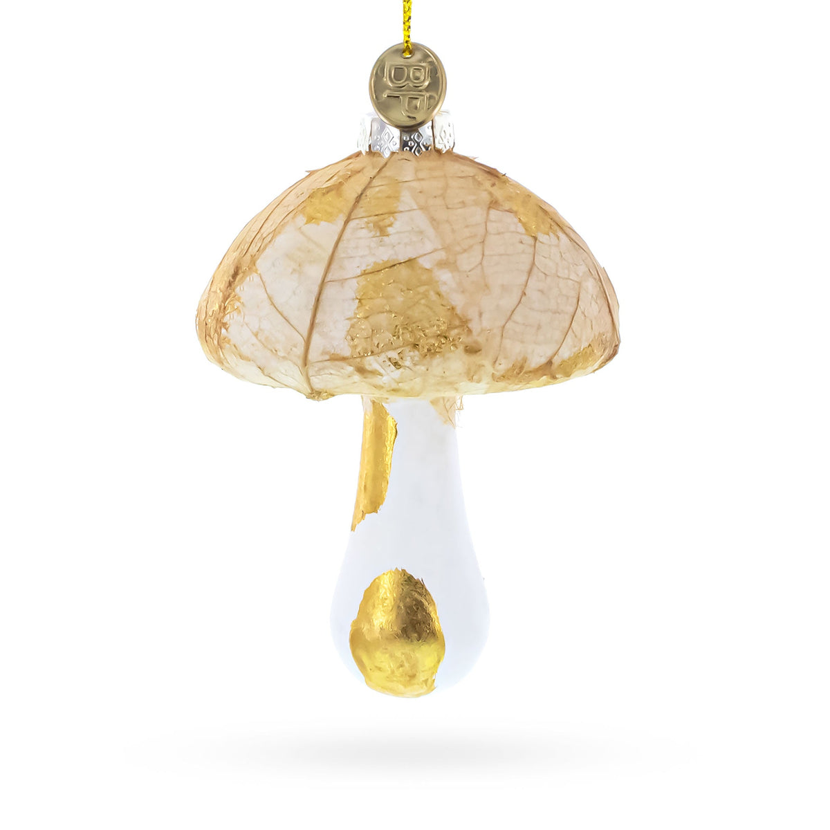 Mushroom glass Christmas ornament with gold glitter cap and white stem, gold loop