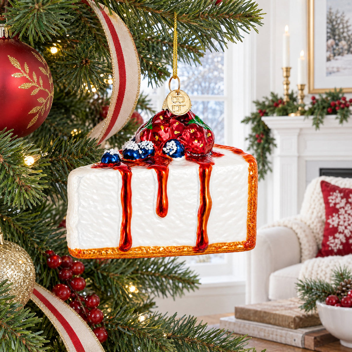 Glass cheesecake slice ornament with red berries, blue crumb clusters, orange drips, gold hanging loop
