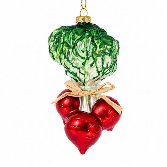 Glass radish bunch Christmas ornament with green leaves, red bulbs, and gold hanging loop