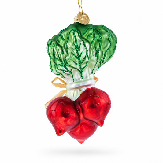 Glass radish bunch ornament with green leaf top, red bulb cluster, and gold hanging loop