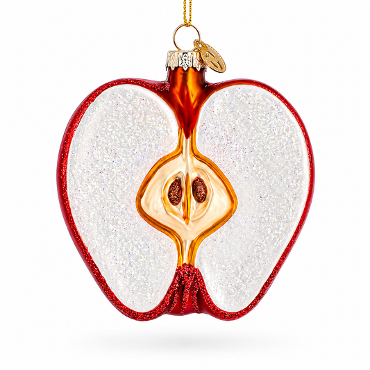 Red glitter glass apple half ornament with seed detail and gold hanging loop