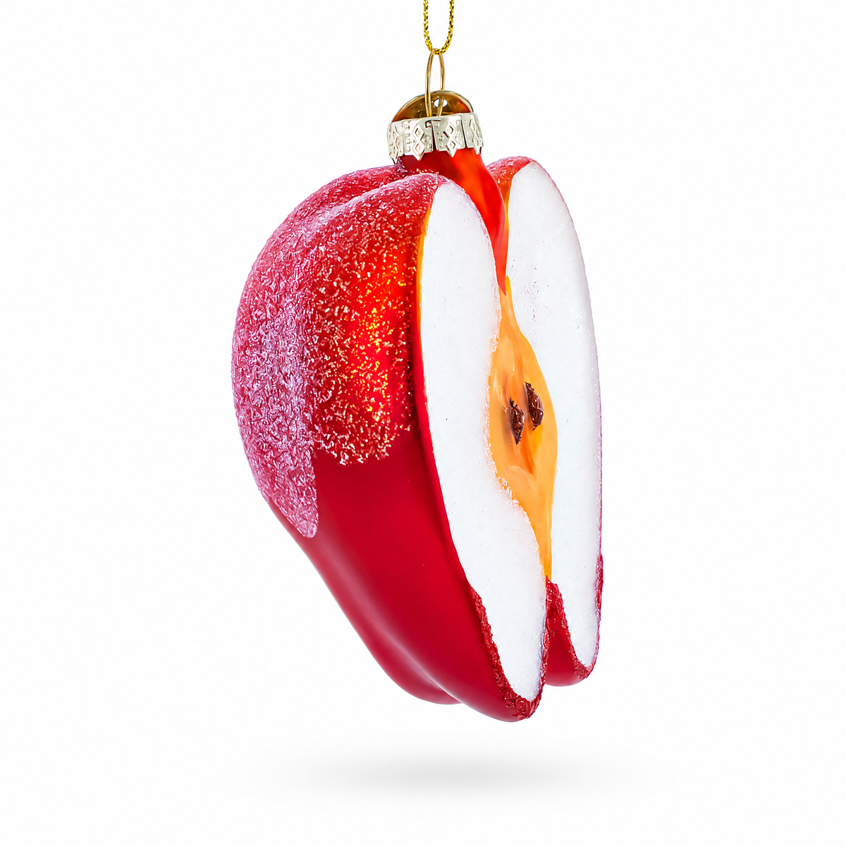 Side view red and white glass apple half ornament with seed window and gold hook