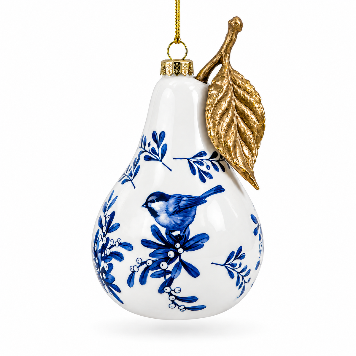 Pear-shaped glass Christmas ornament with blue bird and floral design, gold leaf accents