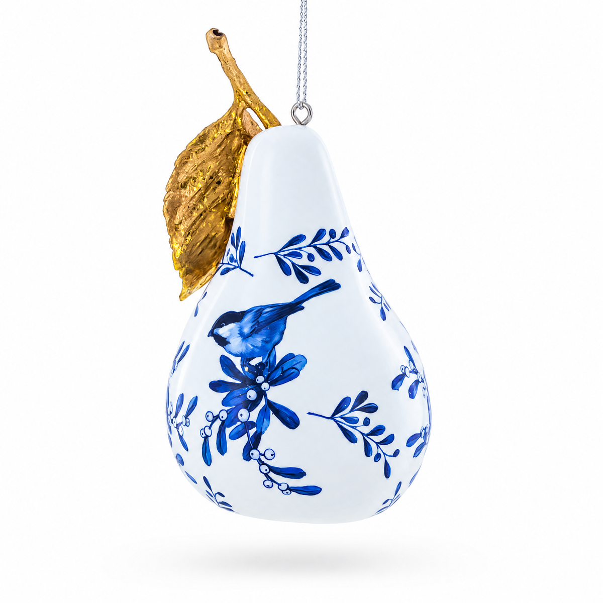 Pear-shaped glass Christmas ornament with blue bird pattern and gold leaf top, hanging loop