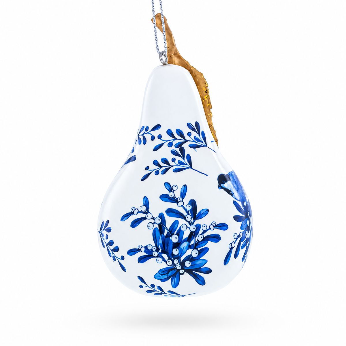 Pear-shaped glass Christmas ornament with blue floral centerpiece, gold leaf detail and hanger
