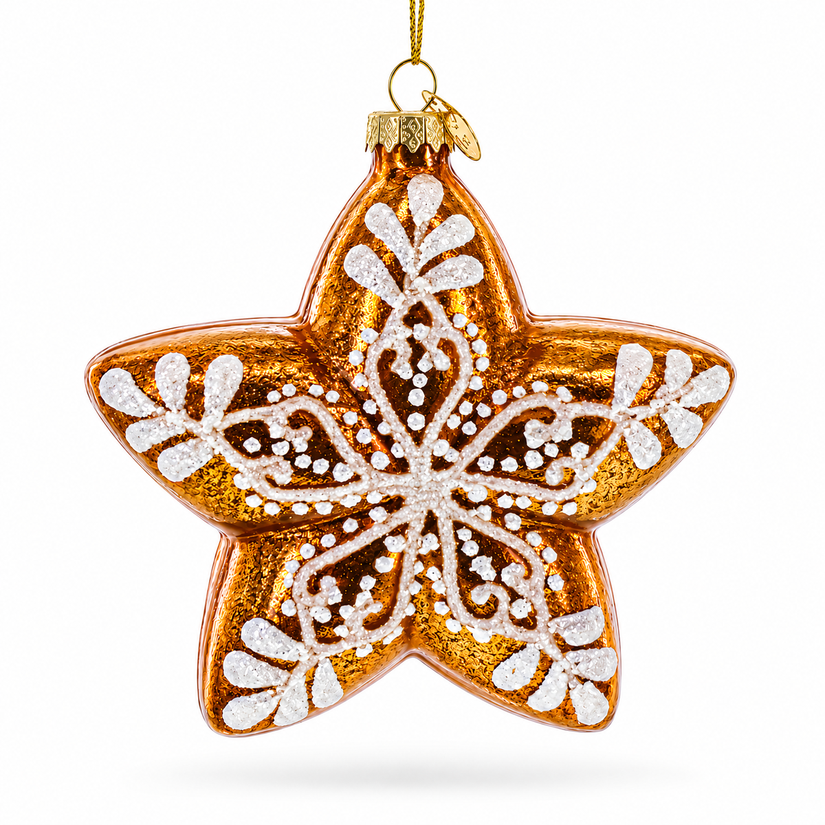 Gold glass star Christmas ornament with white snowflake lace pattern and hanging loop