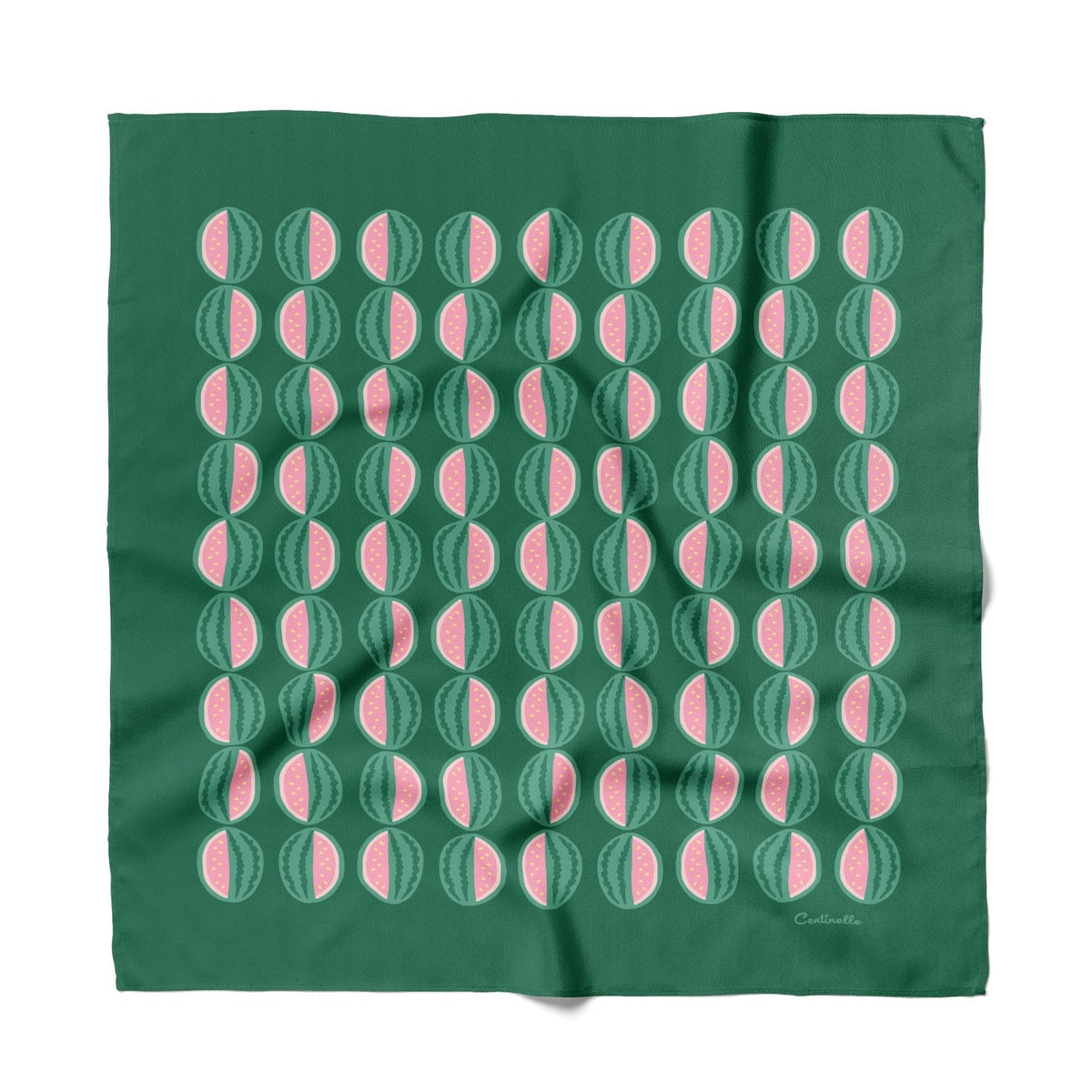Green cotton-silk bandana with pink watermelon slice pattern, folded square