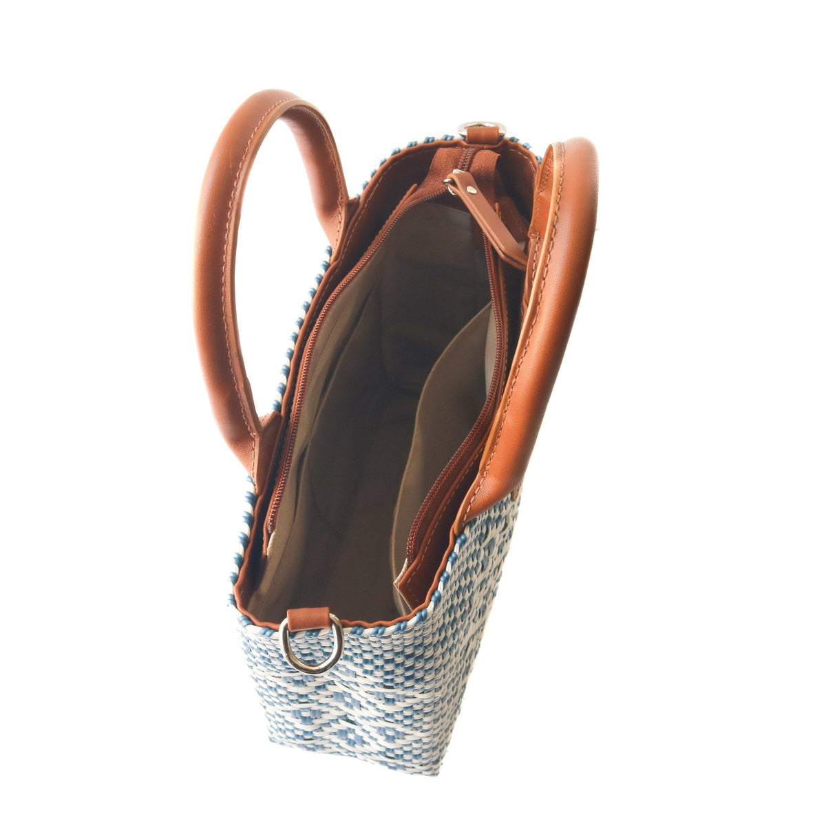 Open woven crossbody bag, blue-and-white weave with tan leather trim and side metal ring