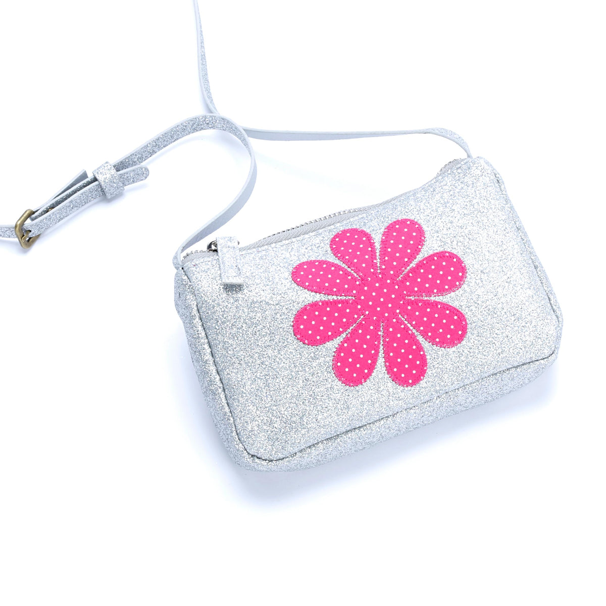 Silver glitter crossbody purse with pink flower front and long adjustable strap