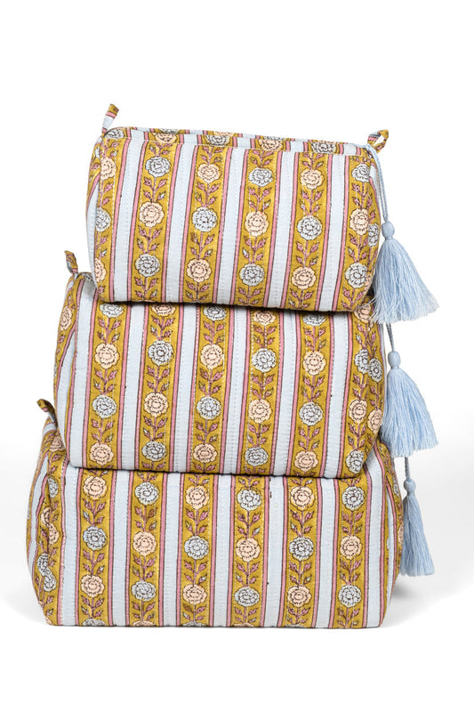 Striped makeup bag set with tassels, stacked two-piece design in gold and blue
