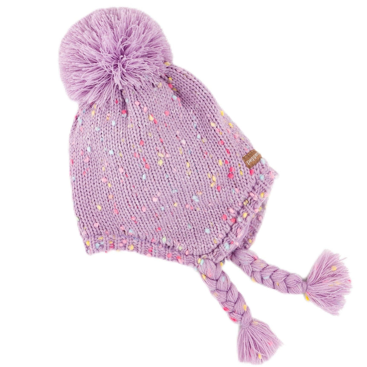 Girls' lavender knit earflap hat with colorful flecks, pom-pom and braided ties