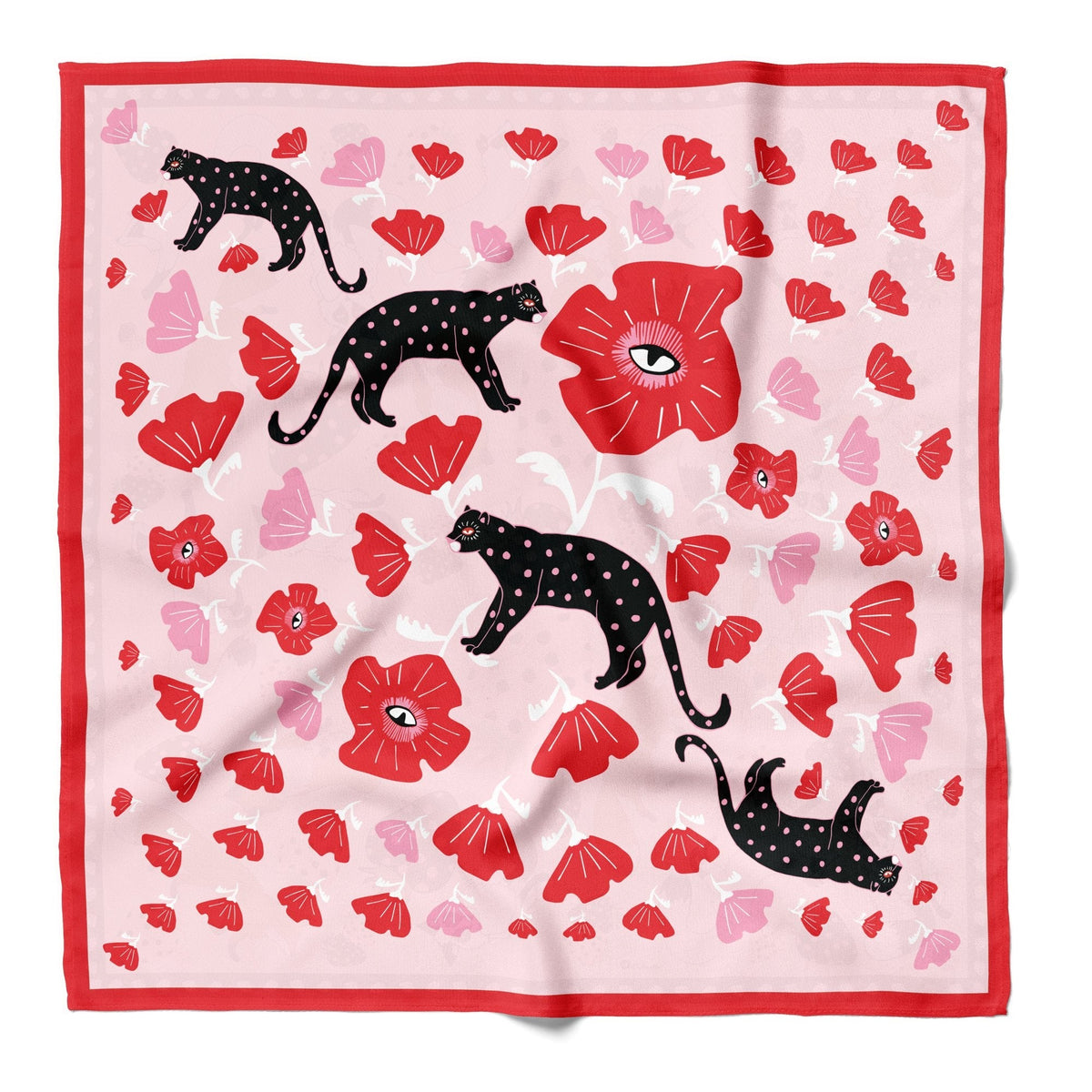 Square bandana with black polka cats and red floral hearts on pink, red border