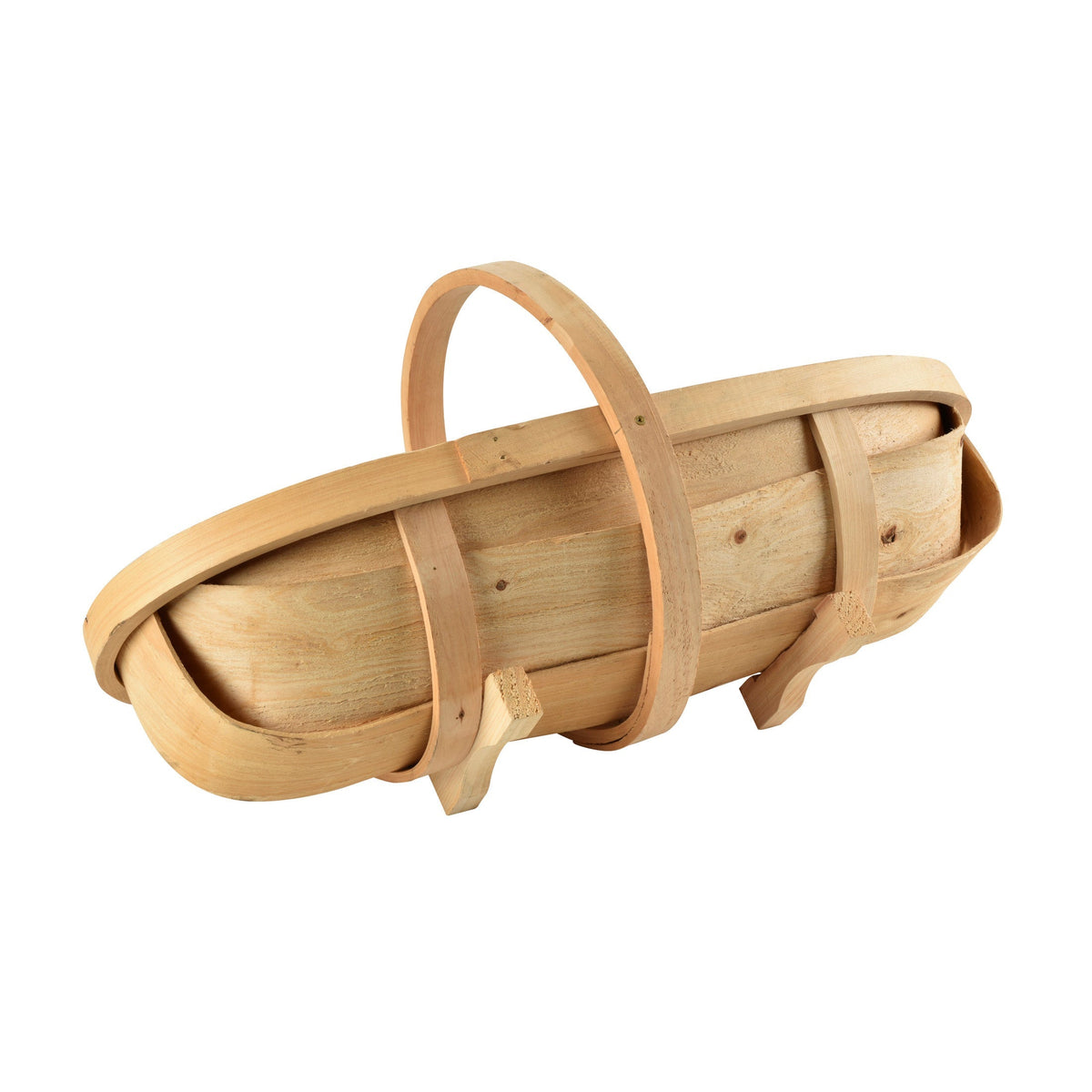 Medium natural wooden trug with arched handle and woven side slats, end view
