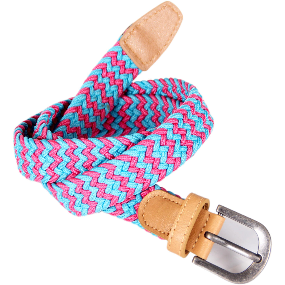Girls' bright pink and turquoise braided stretch belt with tan leather details and metal buckle