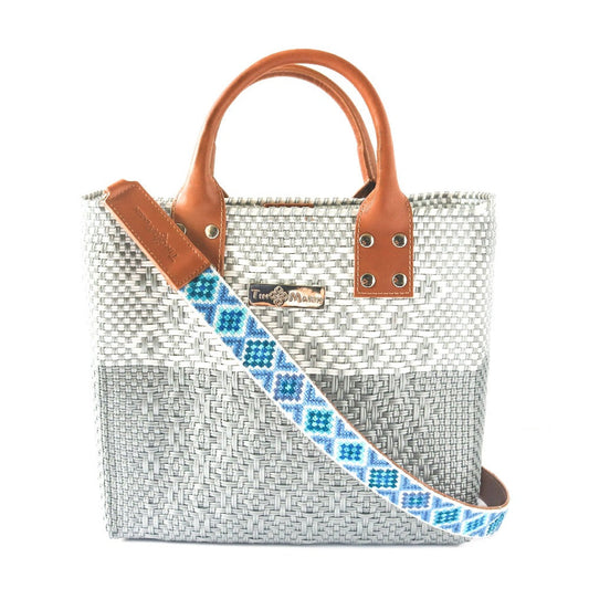 Woven bag strap, blue geometric pattern with tan leather ends and crossbody bag attachment