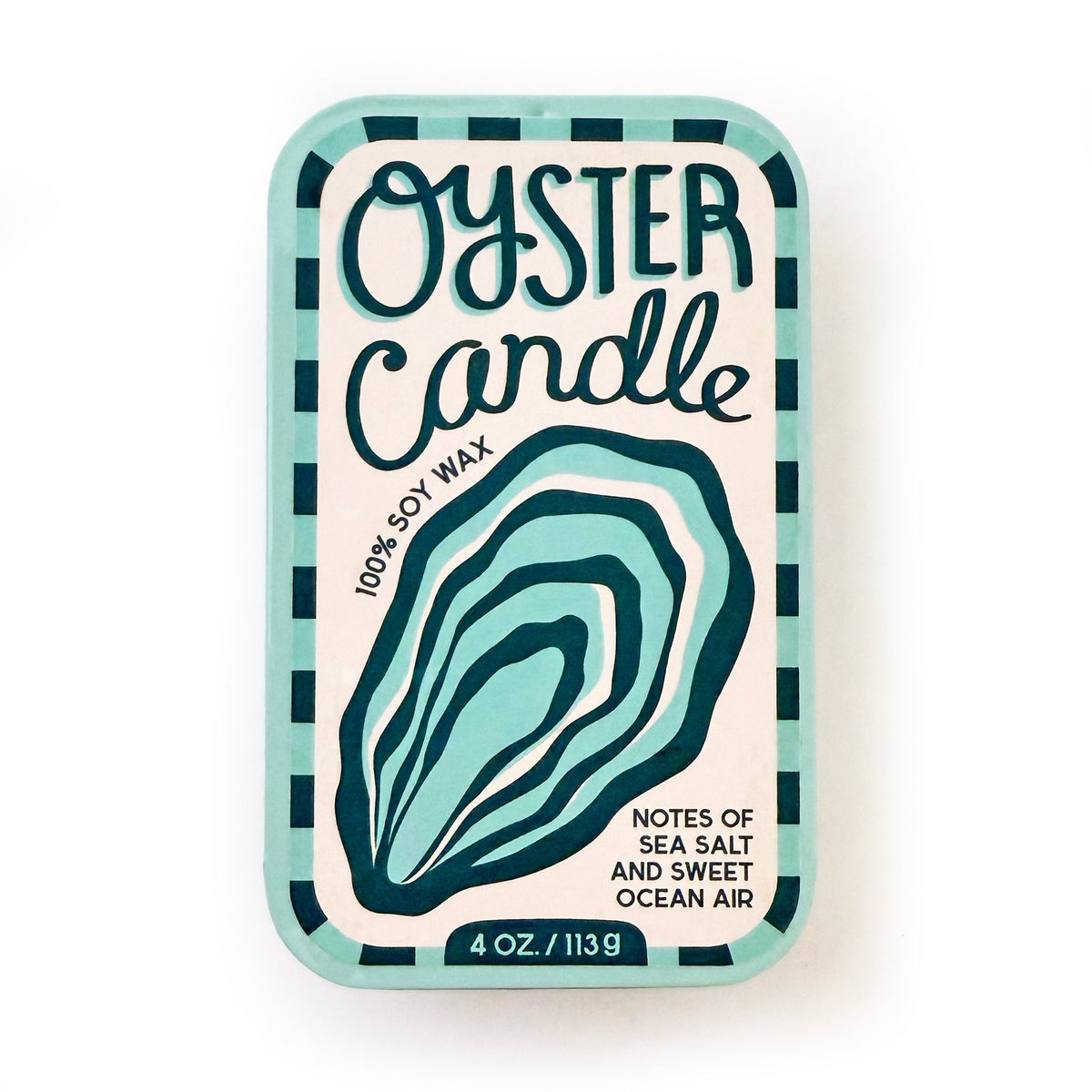 Oyster-scented candle tin with sea-foam swirl label on turquoise striped border