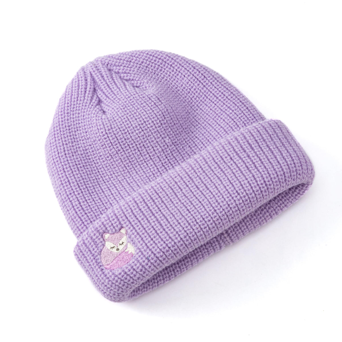 Purple knitted girls' beanie with folded cuff and fox embroidery
