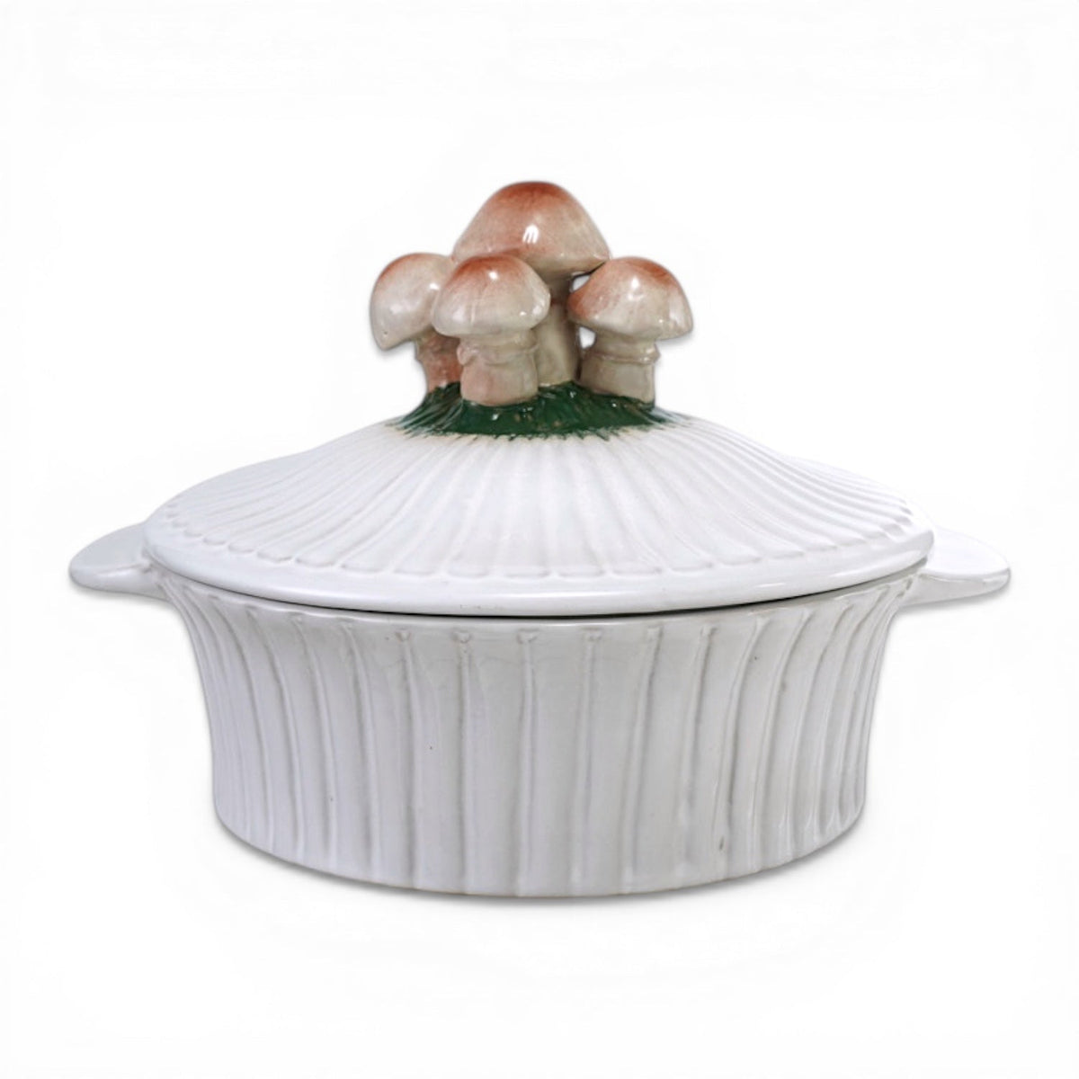 White ceramic fluted baking dish with mushroom-shaped lid and raised ridges