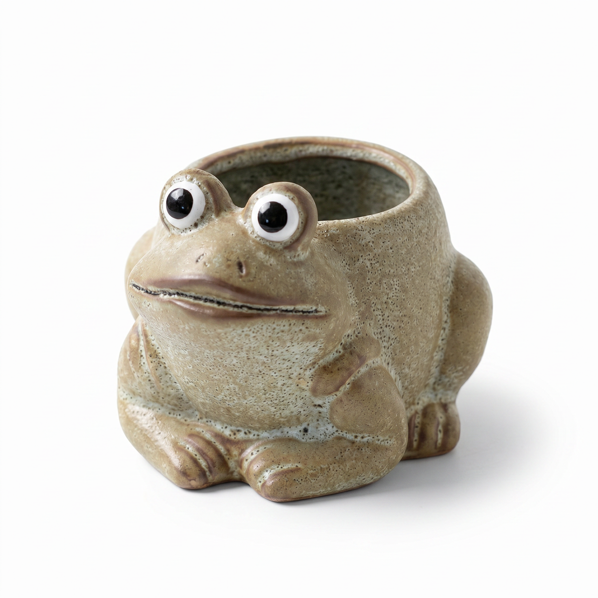Ceramic frog mini planter with wide eyes and open mouth, beige-green bowl top