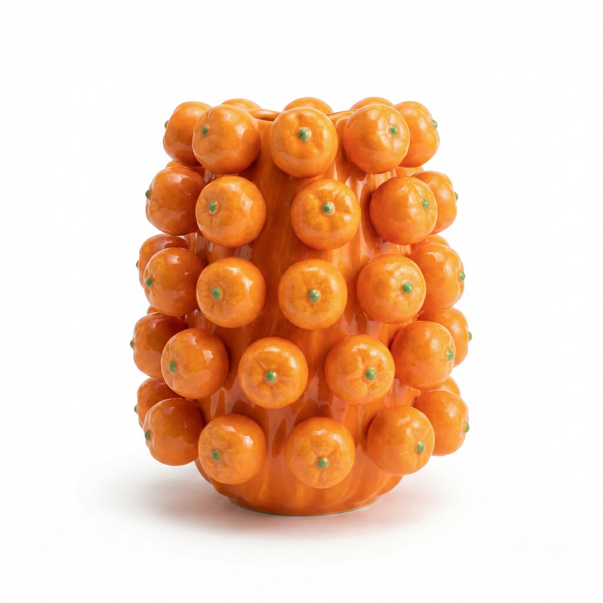 Orange ceramic cluster vase with glossy round spheres and small green insets