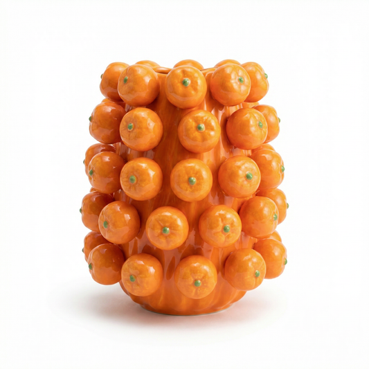 Orange ceramic cluster vase with glossy round spheres and small green insets
