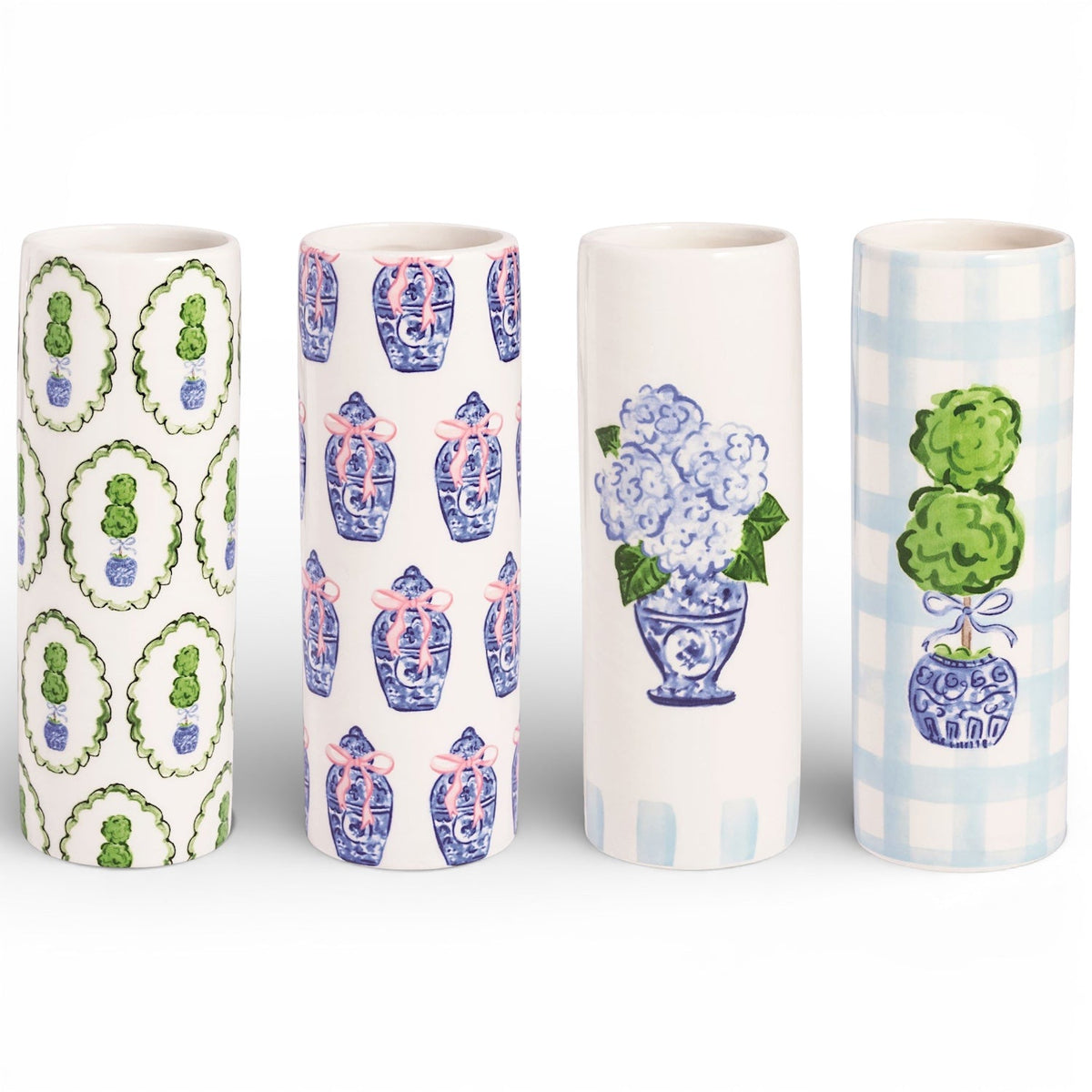 Tall ceramic topiary vase with green and blue chinoiserie oval motifs