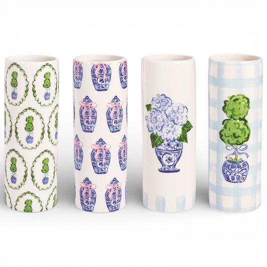 Tall ceramic topiary vase with green and blue chinoiserie oval motifs