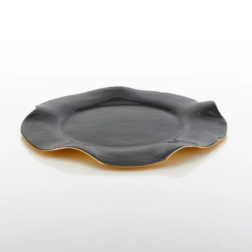 Graphite ruffled serving plate, shallow bowl shape with gold-edged rim