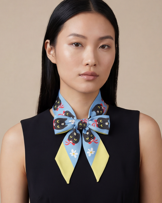 Cat-themed bow scarf worn at collar, light blue and yellow with red accents