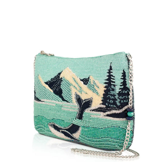 Turquoise beaded clutch handbag with zip top, chain strap, mountain and pine scene