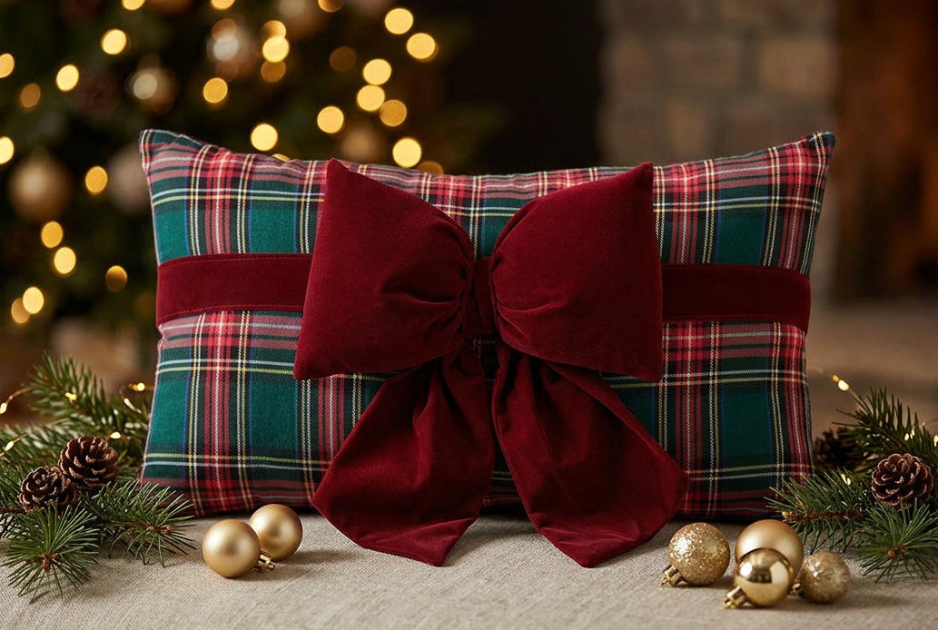 Plaid pillow with a large red velvet bow and matching red band