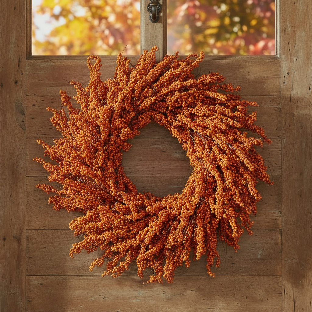 Orange two-tone berry wreath with full circular ring of textured branches