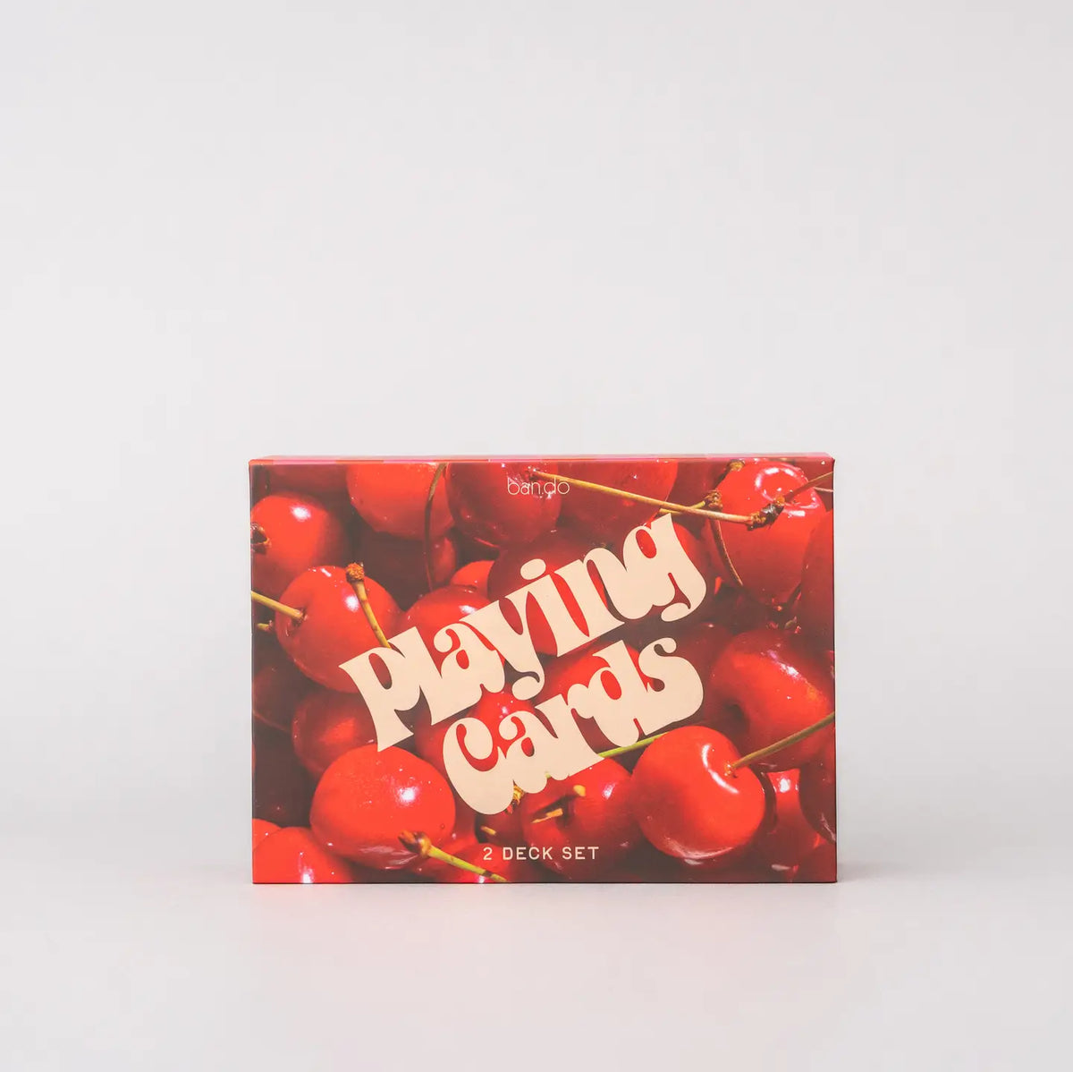 Playing card set, red cherry box with 'Playing Cards' and 2-deck set