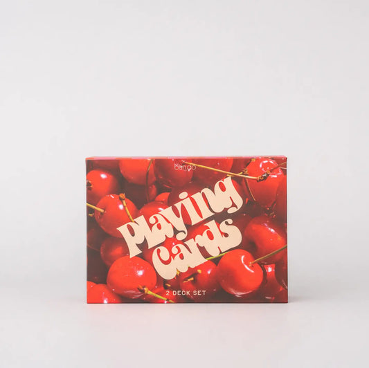 Playing card set, red cherry box with 'Playing Cards' and 2-deck set