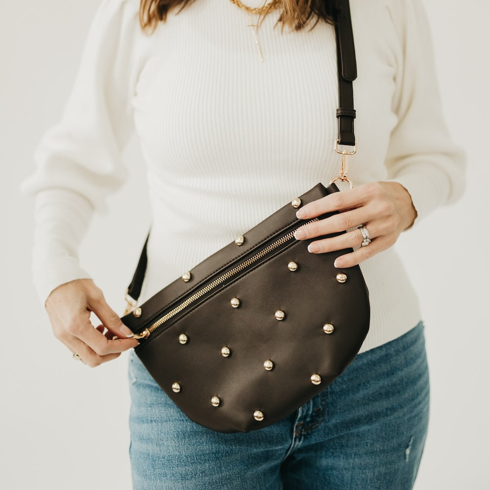 Dark brown faux-leather bum bag with gold studs and front zipper