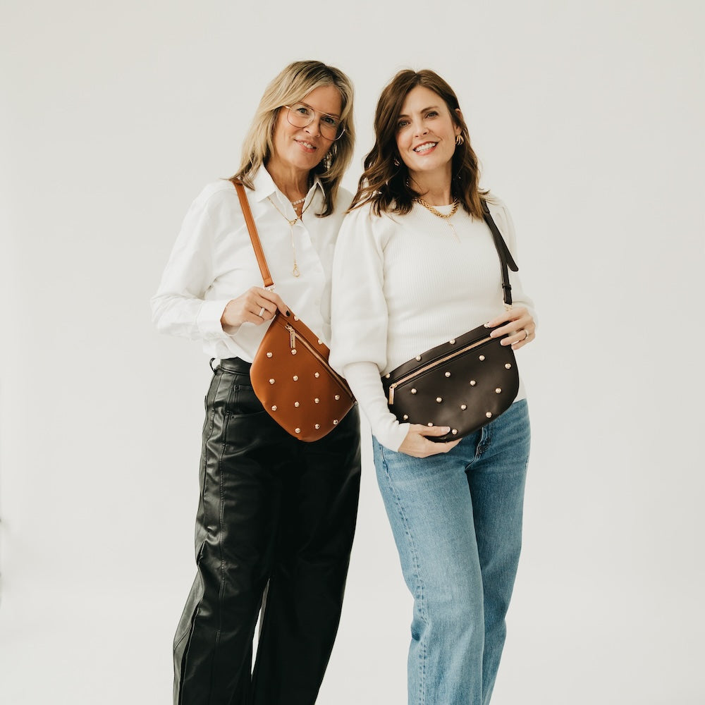 Gold-studded bum bags in brown and black, crossbody style