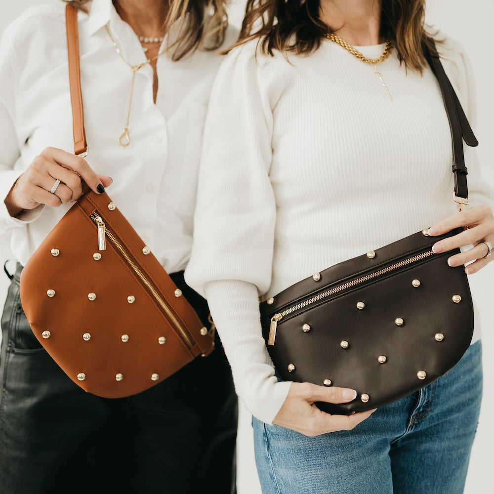 Gold-studded bum bags in brown and black with crossbody straps