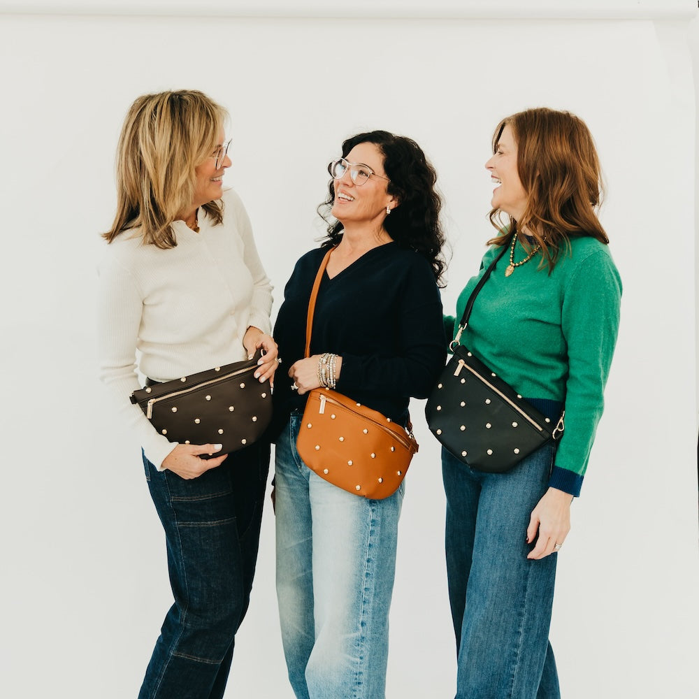 Gold-studded crossbody bum bags in black and brown