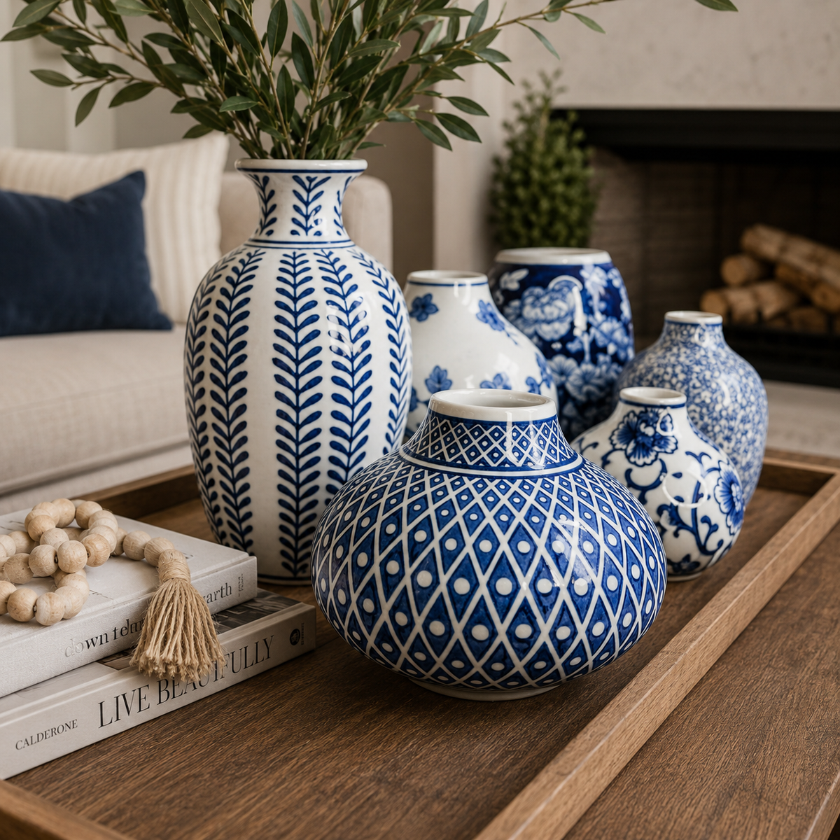 Blue and white ceramic vases with decorative patterns displayed on a wooden tray