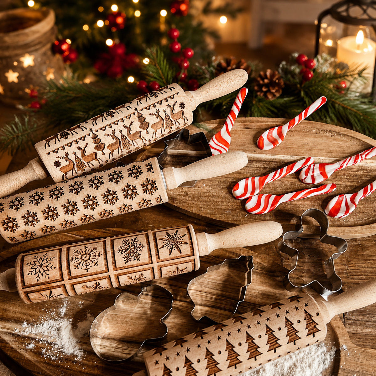 Assorted holiday wooden rolling pins with embossed designs and red-and-white ribbon accents