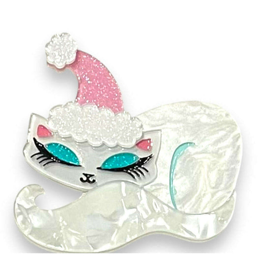 Silver cat brooch with glittery pink moon and teal eyes