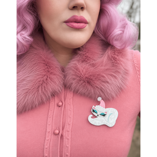 Cat nap brooch on a pink fuzzy collar, silver cat with teal eyes