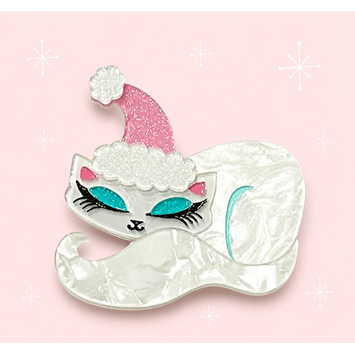 Silver cat nap brooch with glittery pink moon, teal eye accents