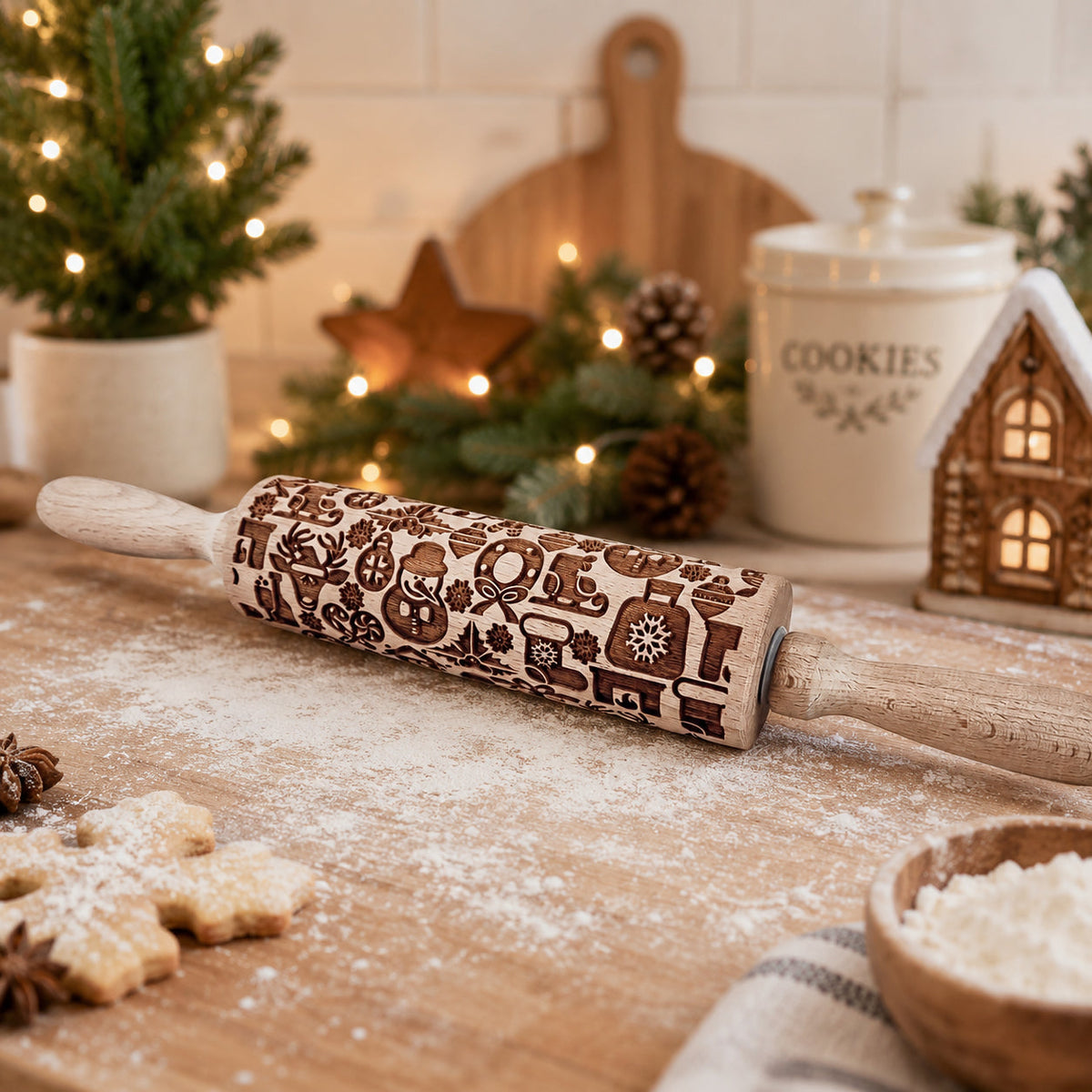 Wooden rolling pin with dark Christmas village pattern on a floured baking board