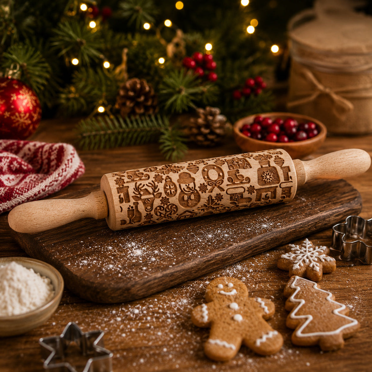 Wooden rolling pin with holiday cookie patterns, with gingerbread shapes nearby