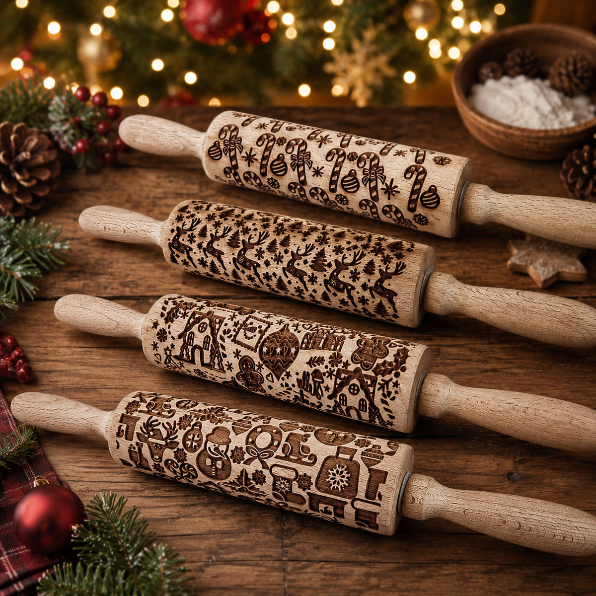 Four wooden Christmas rolling pins with festive cookie and star patterns on handles